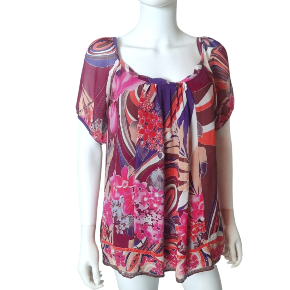 ECI Floral Print Silk Chiffon Short Sleeve Top Sequin Hem Sz 12P